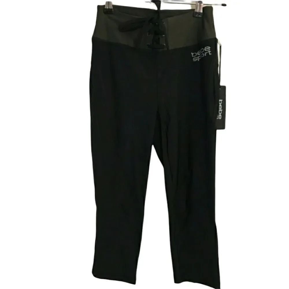 Bebe Sport Lace Up Logo Colorblock Capri Leggings